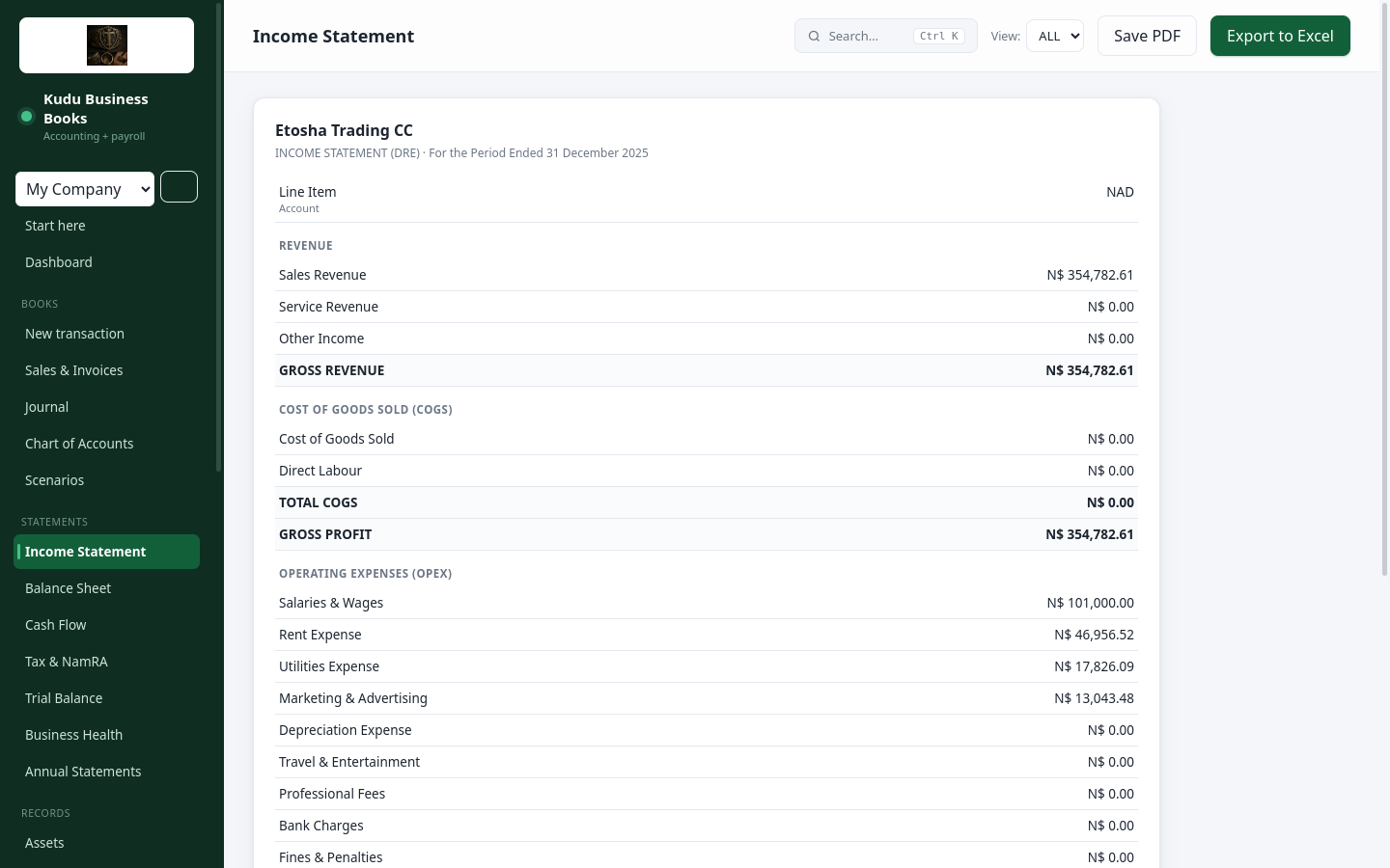 Income Statement for Etosha Trading CC with revenue, COGS and expenses