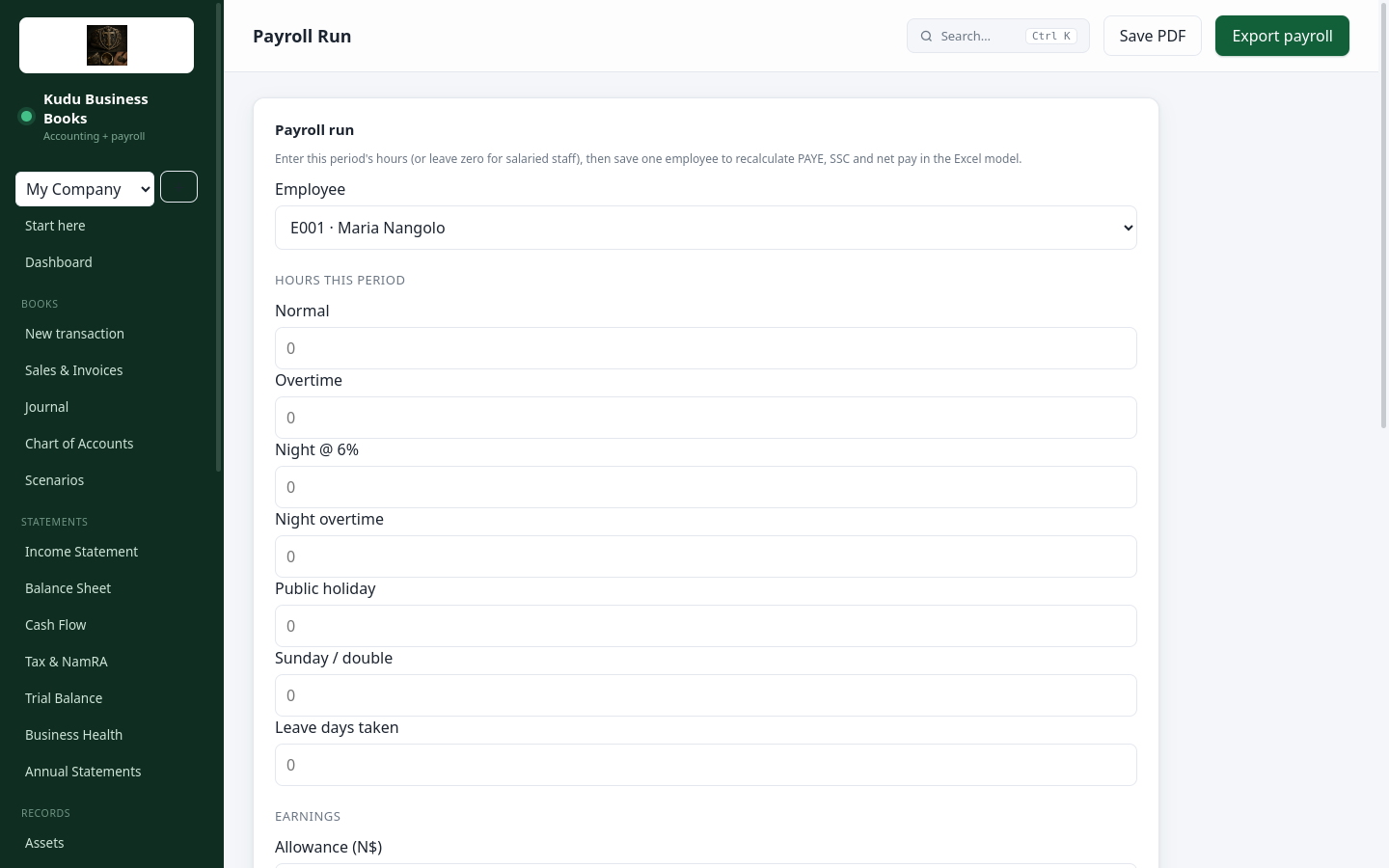 Payroll run form with hours, overtime and allowances
