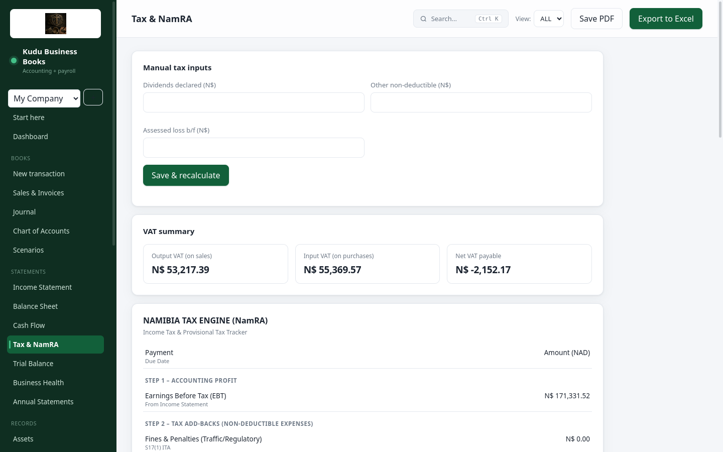 Tax and NamRA view with VAT summary and income tax tracker